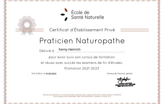 mon certificat de naturopathe Heinrich fanny